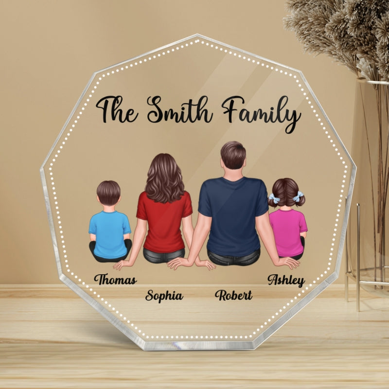 Family Couple Kid Dog Cat Sitting Back View Family Keepsake Decor Personalized Nonagon Acrylic Block Plaque