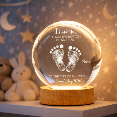 Valentine Kids Footprint Sign - Personalized Crystal Ball LED Night Light - Anniversary, Valentine's Day Gift, Gift For Him, Gift For Her