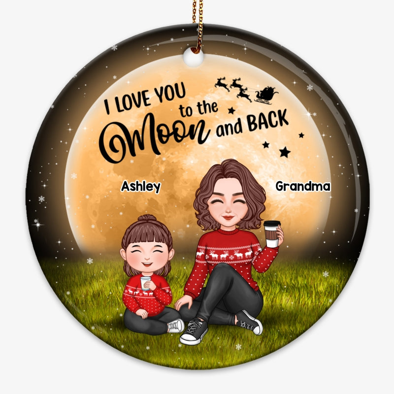 Cute Grandma Sitting With Grandkids In Moonlight Christmas Personalized Circle Ornament