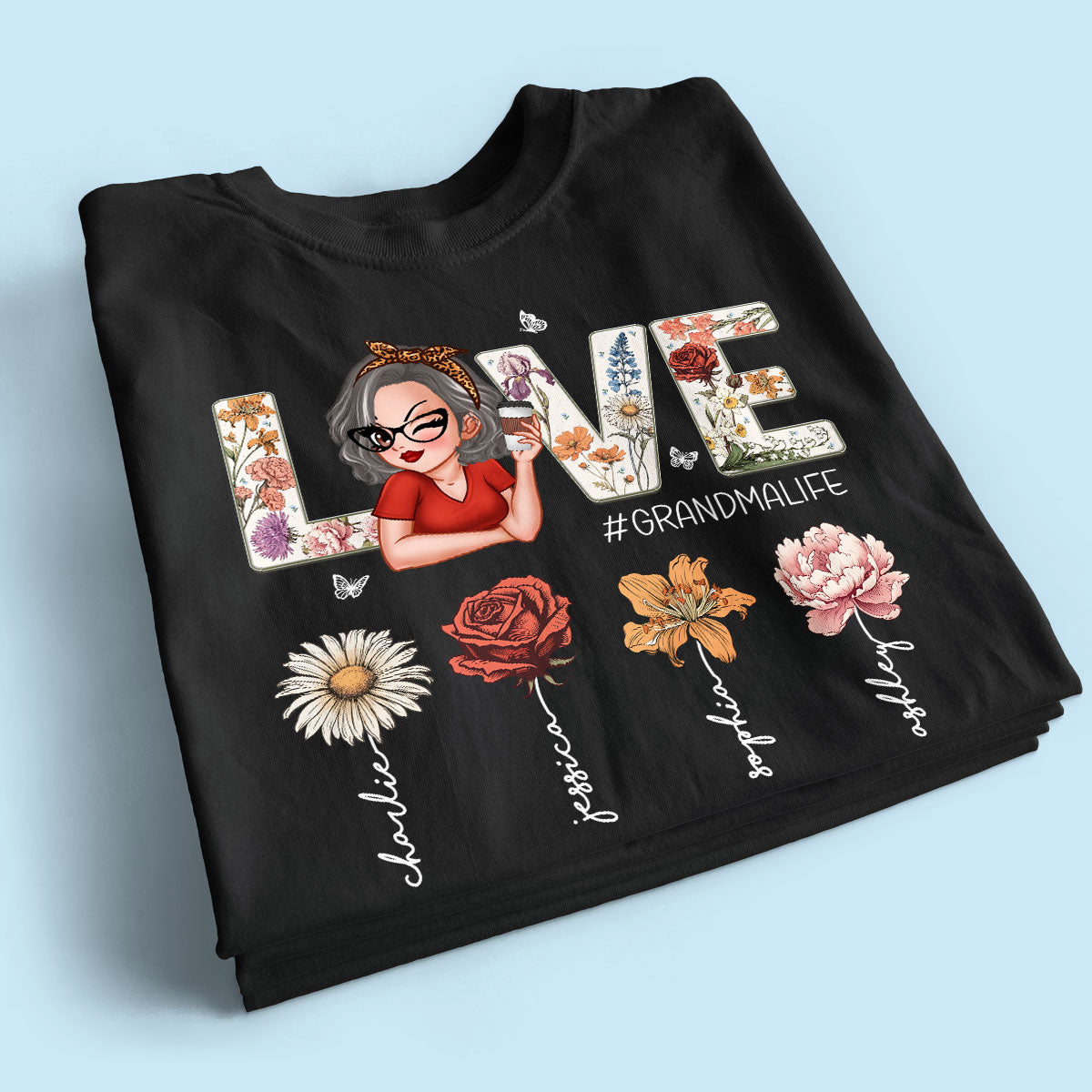 Love Grandma Life Vintage Birth Flowers With Kids Names Personalized Shirt