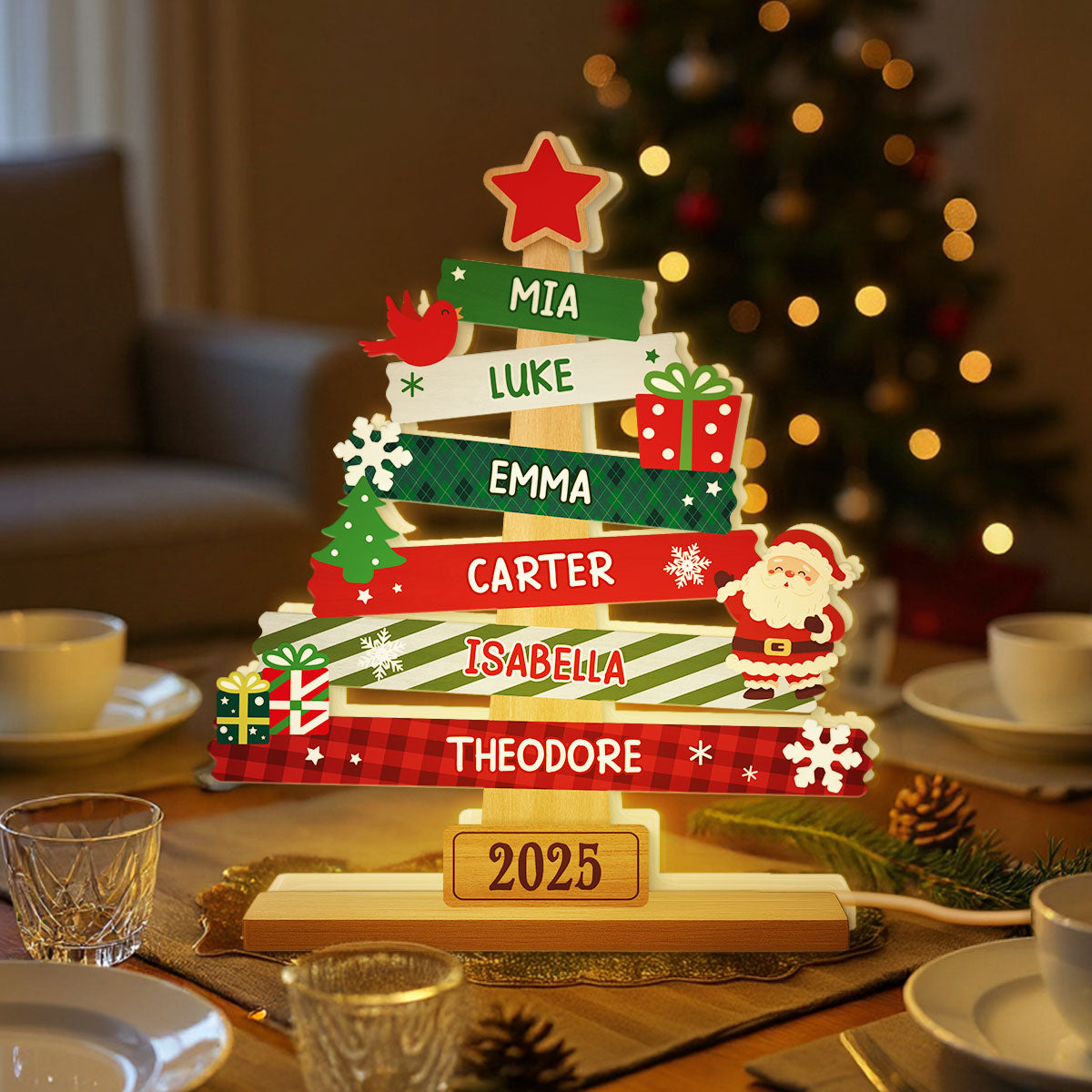 3D Effect Cute Christmas Tree Family Names Personalized LED Light Box