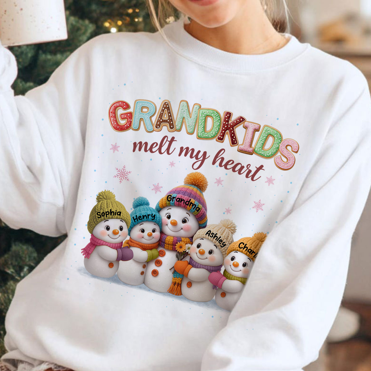Heartwarming Christmas Snowman Grandma Grandkids Melt My Heart - Personalized Sweatshirt
