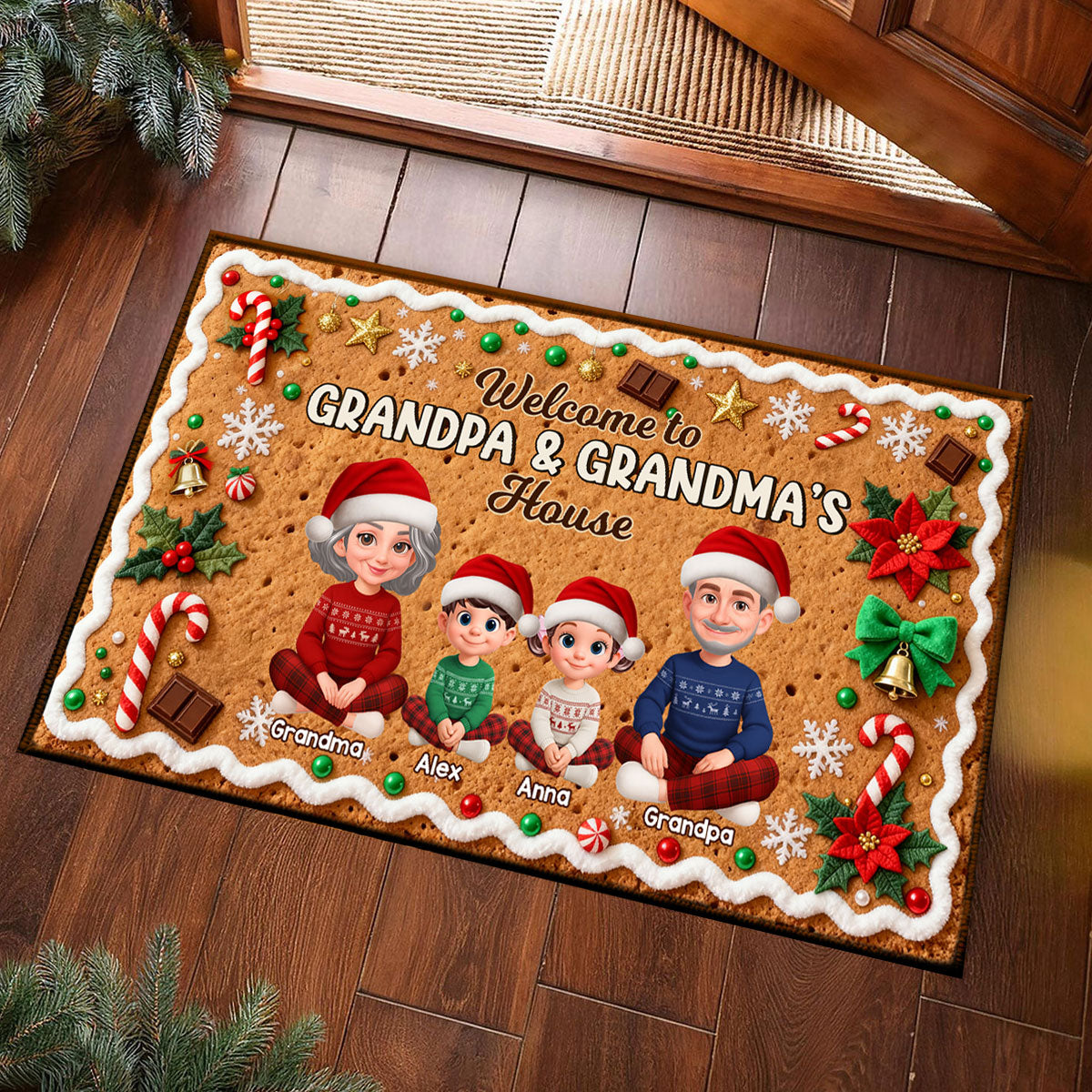3D Effect Gingerbread Theme Welcome To Grandpa Grandma House Christmas - Personalized Doormat