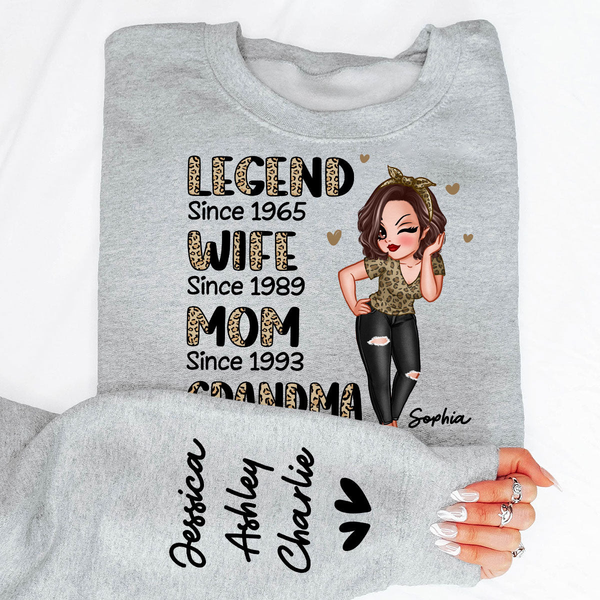 Half Leopard Sassy Legend Wife Mom Grandma Personalized Sleeve Printed Sweatshirt