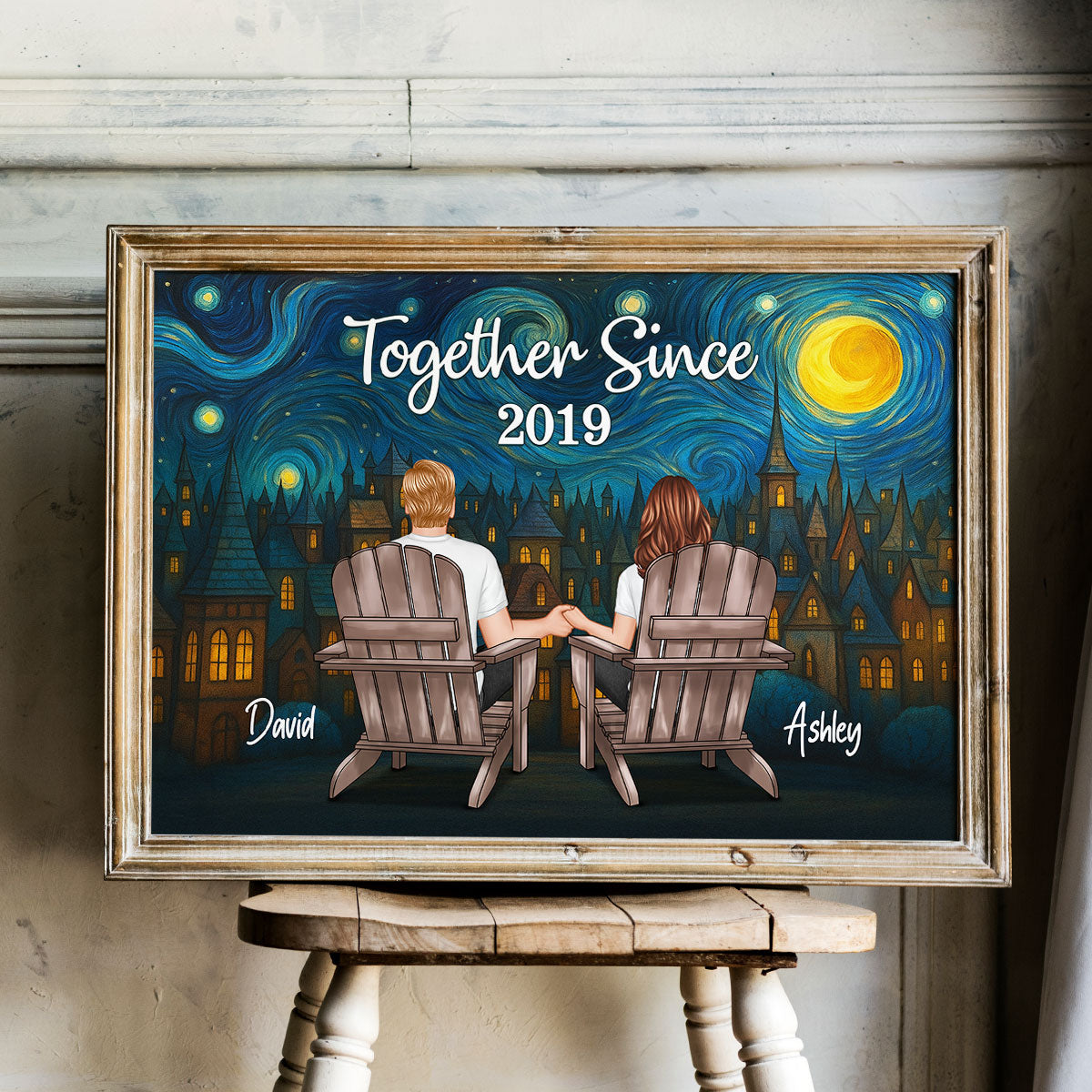 Couple Sitting Back View Night Sky Art Personalized Poster