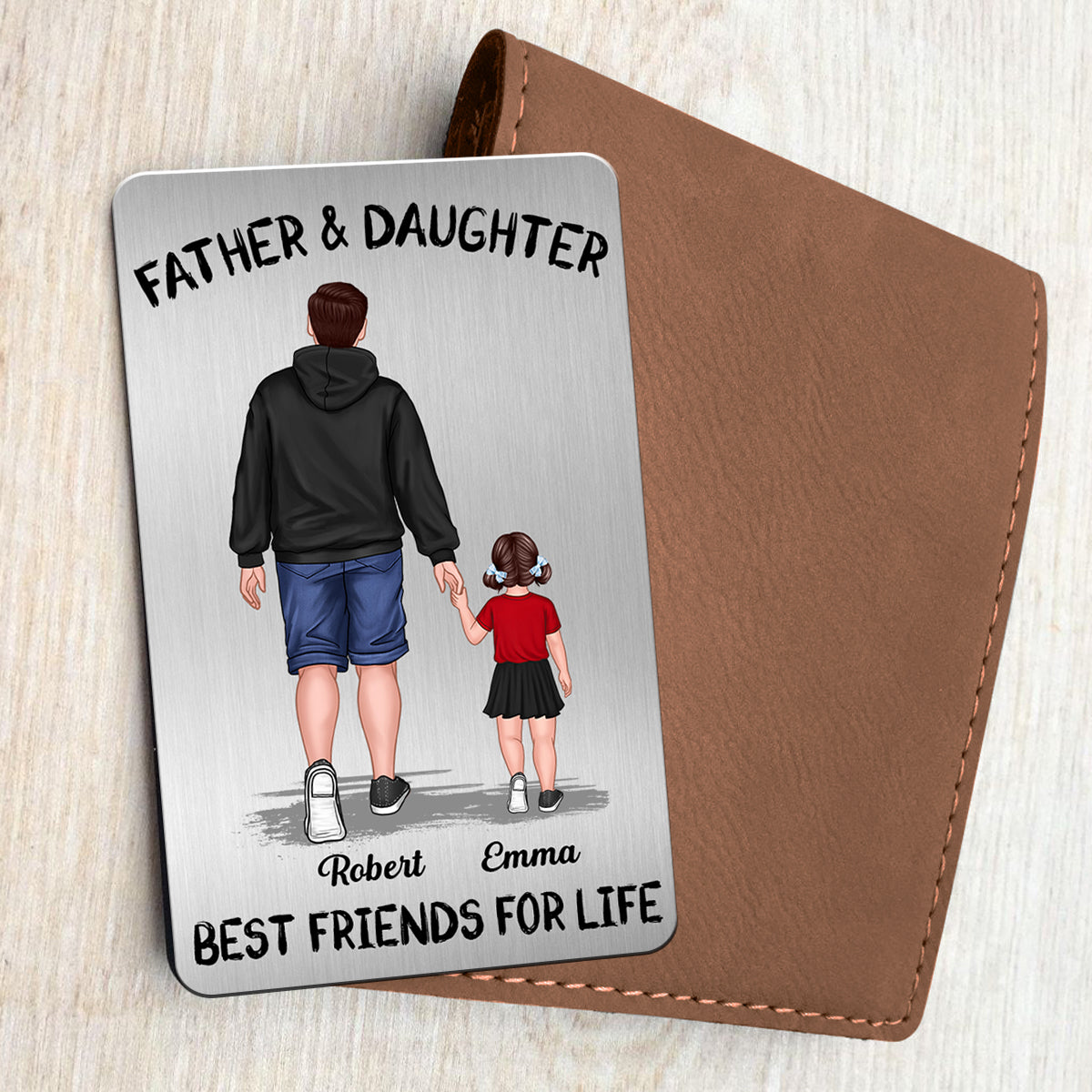 Dad And Kids Daughter Son Walking Best Friends Forever Personalized Metal Wallet Card