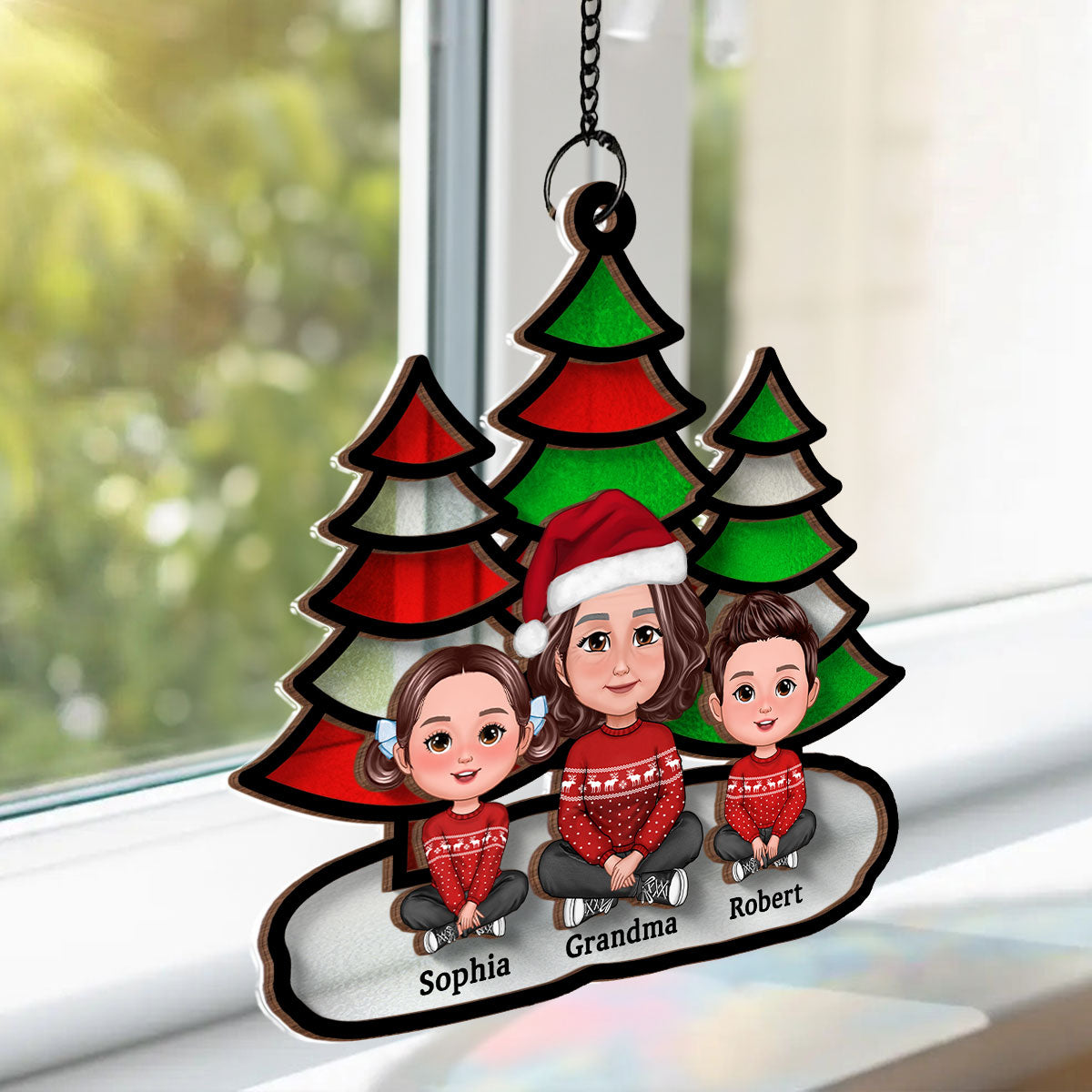 Christmas Trees Grandma Grandkids Sitting Personalized Suncatcher, Christmas Decoration