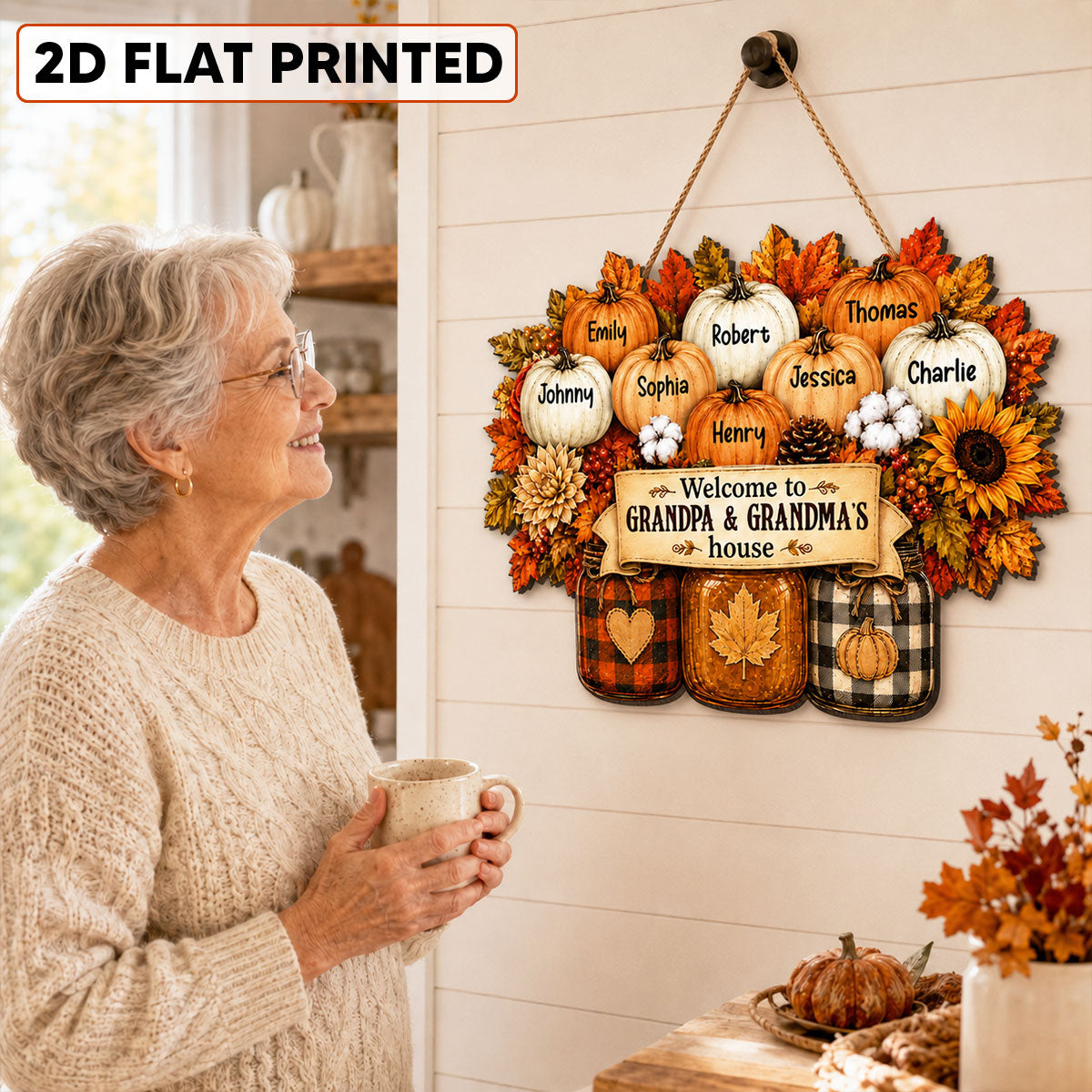 Cozy Warm Fall Season Mason Jars Pumpkins Welcome To Grandma Grandpa House - Personalized Wood Sign - Fall Decoration For Grandparents