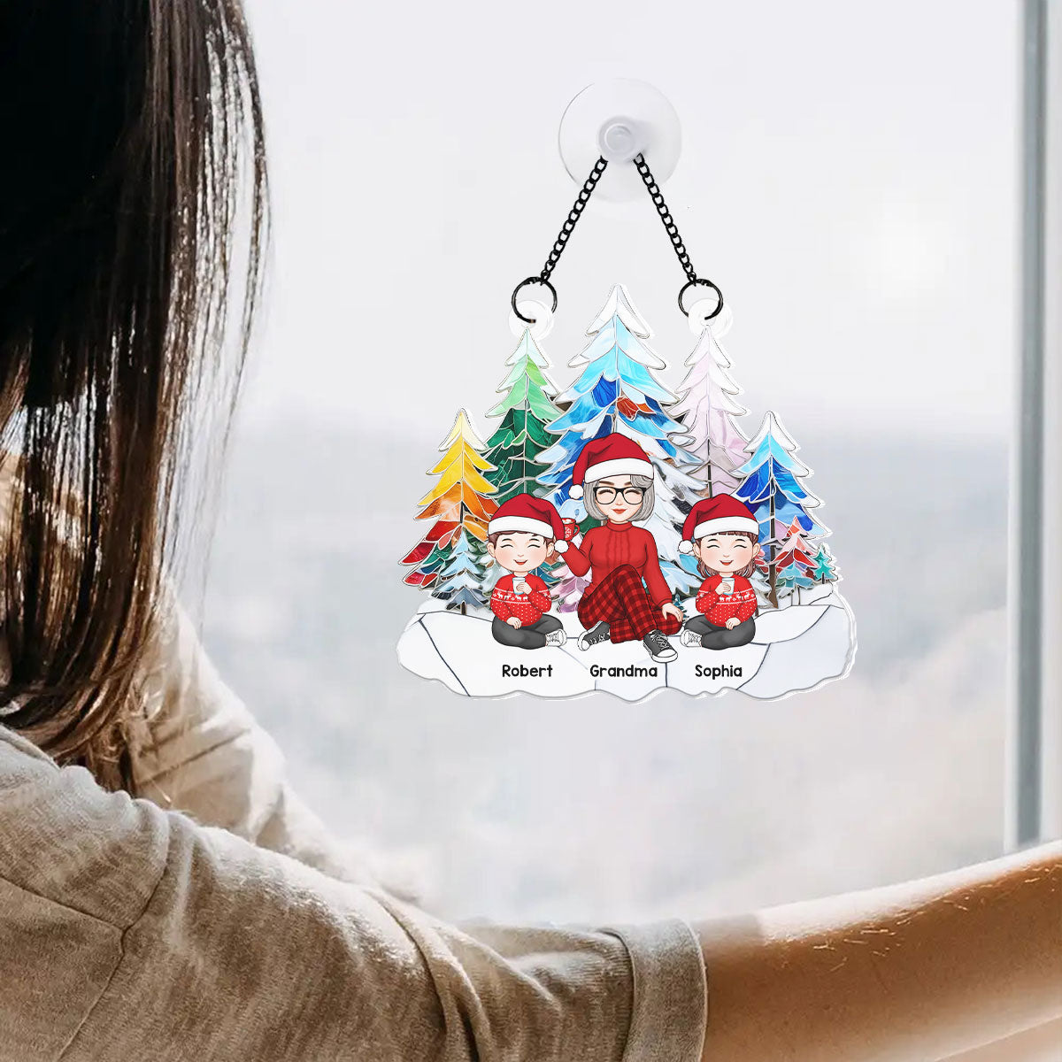 Grandma Grandkids Colorful Christmas Tree Stained Glass Personalized Suncatcher