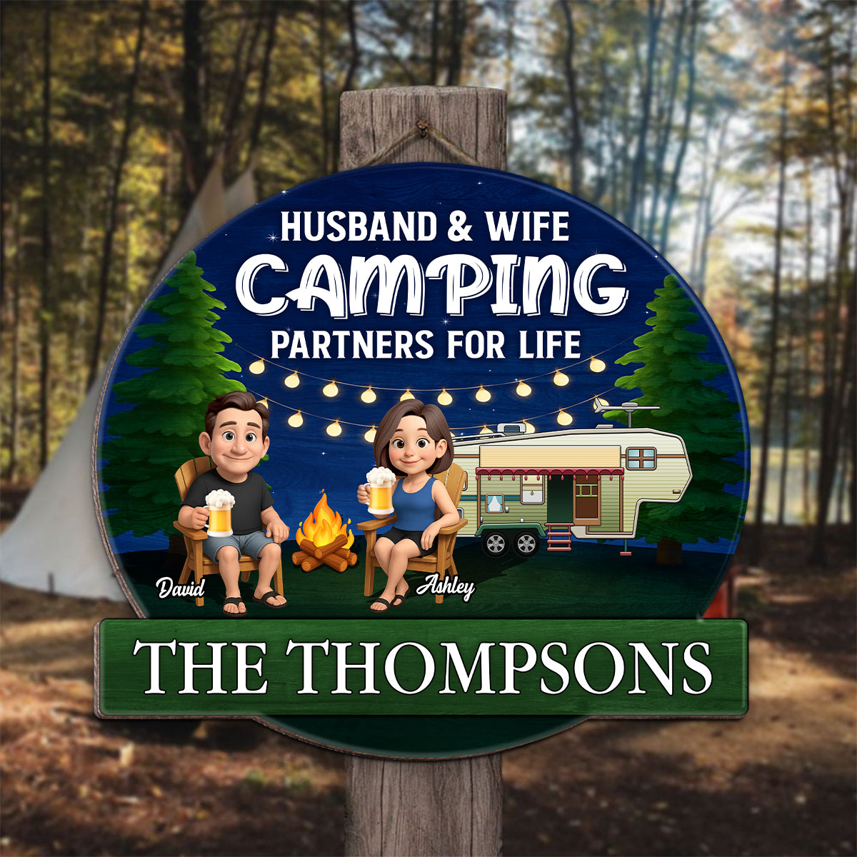 Husband and Wife Camping Partners for Life Personalized Wood Sign, Anniversary, Vacation, Funny Gift For Campers
