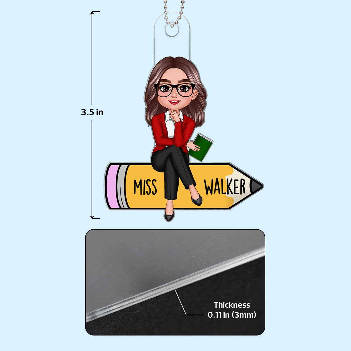 Doll Teacher Sitting On Pencil Personalized Car Ornament, Back To School Gift For Teacher