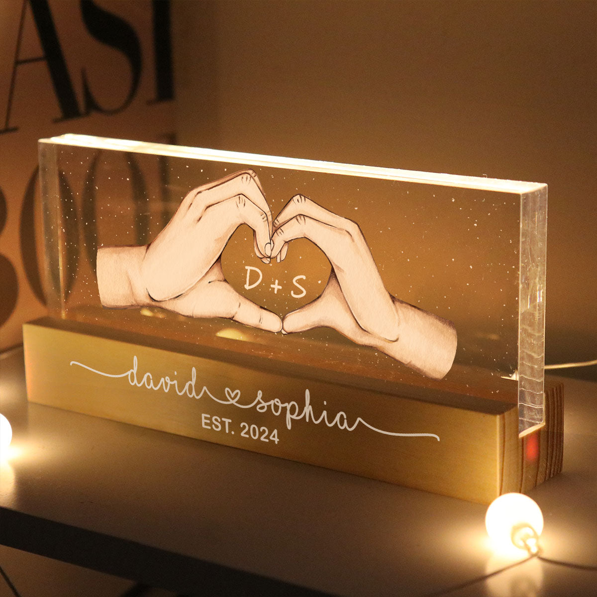 Couple Heart Hands Personalized Acrylic Block LED Night Light, Gift For Him, For Her, Boyfriend, Girlfriend, Husband, Wife