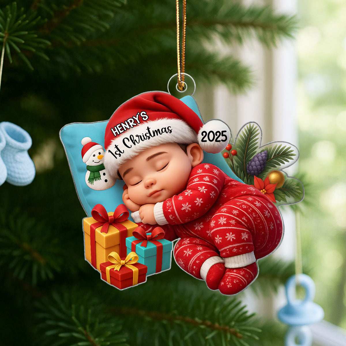 Sleeping Baby in Christmas Cheer Personalized Acrylic Ornament, Baby's 1st Christmas Keepsake, Baby Gift from Grandparents
