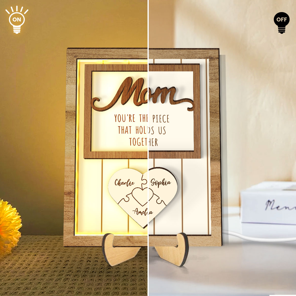 Mom You're The Piece that Holds Us Together Personalized 2-Layered Wooden Plaque with LED, Heartfelt Gift for Mom, Grandma