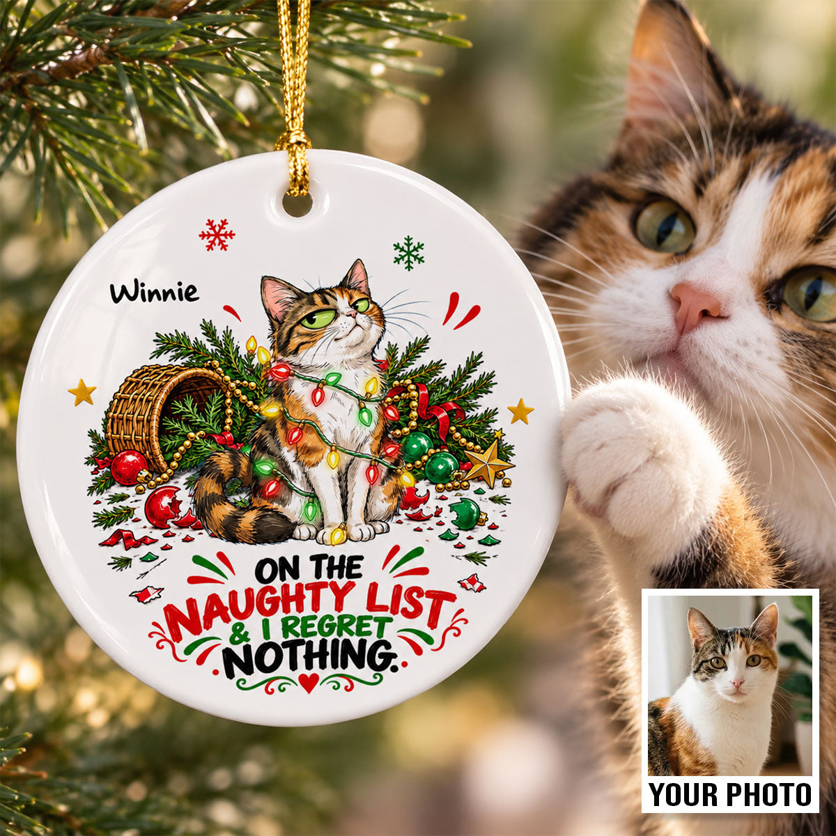 Everything Is Fine Bossy Cat Portrait From Your Photo - Personalized Ceramic Ornament - Funny Christmas Tree Decor For Cat Lovers