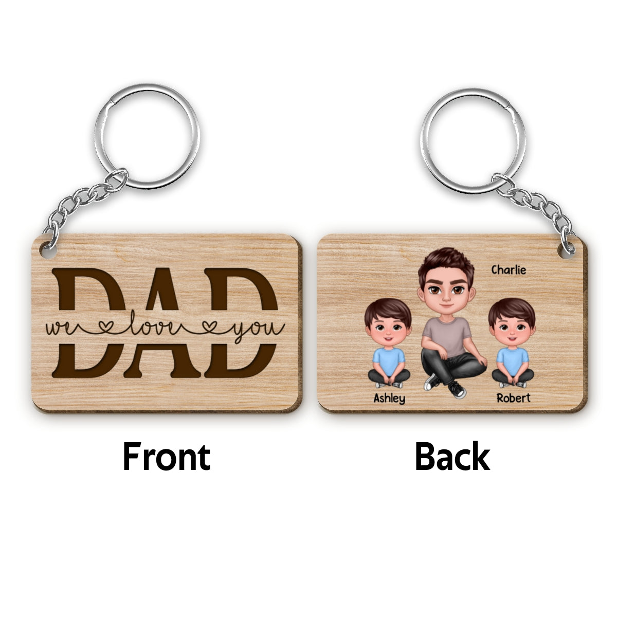 Best Dad Ever Doll Sitting Man & Kids Personalized Wooden Keychain