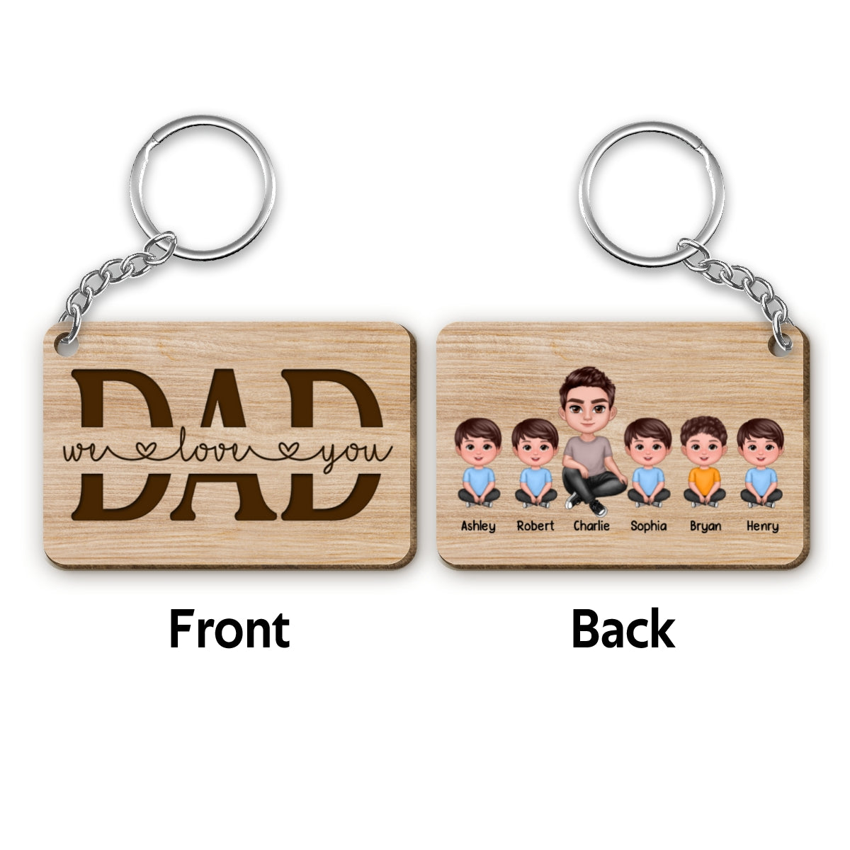 Best Dad Ever Doll Sitting Man & Kids Personalized Wooden Keychain