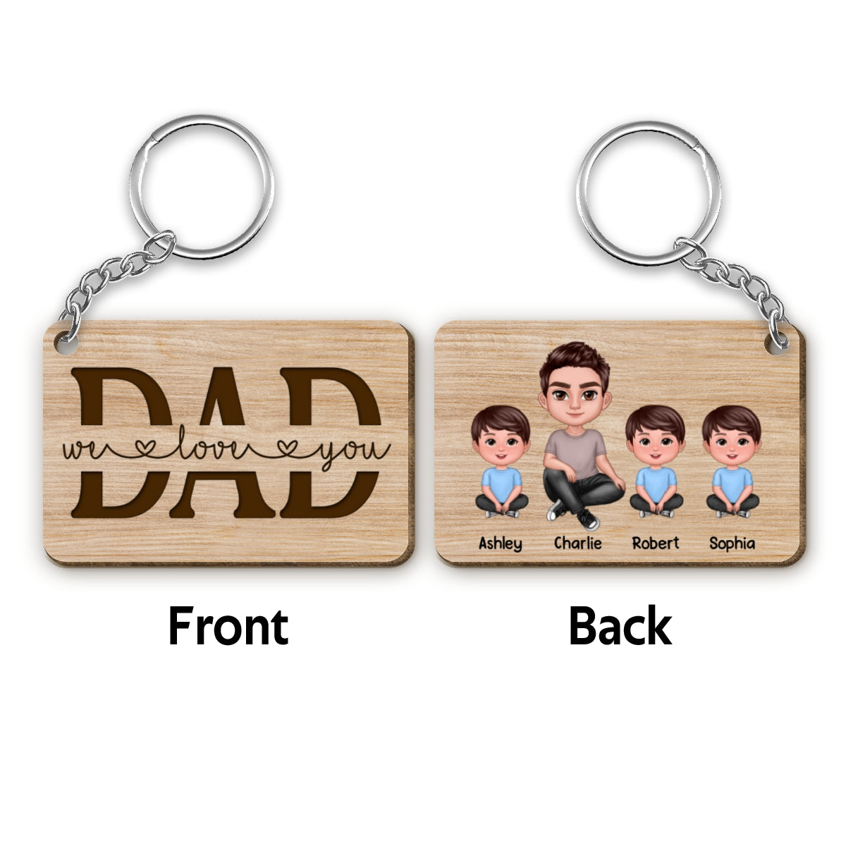 Best Dad Ever Doll Sitting Man & Kids Personalized Wooden Keychain