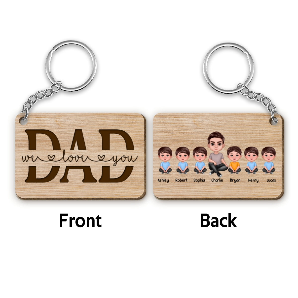 Best Dad Ever Doll Sitting Man & Kids Personalized Wooden Keychain