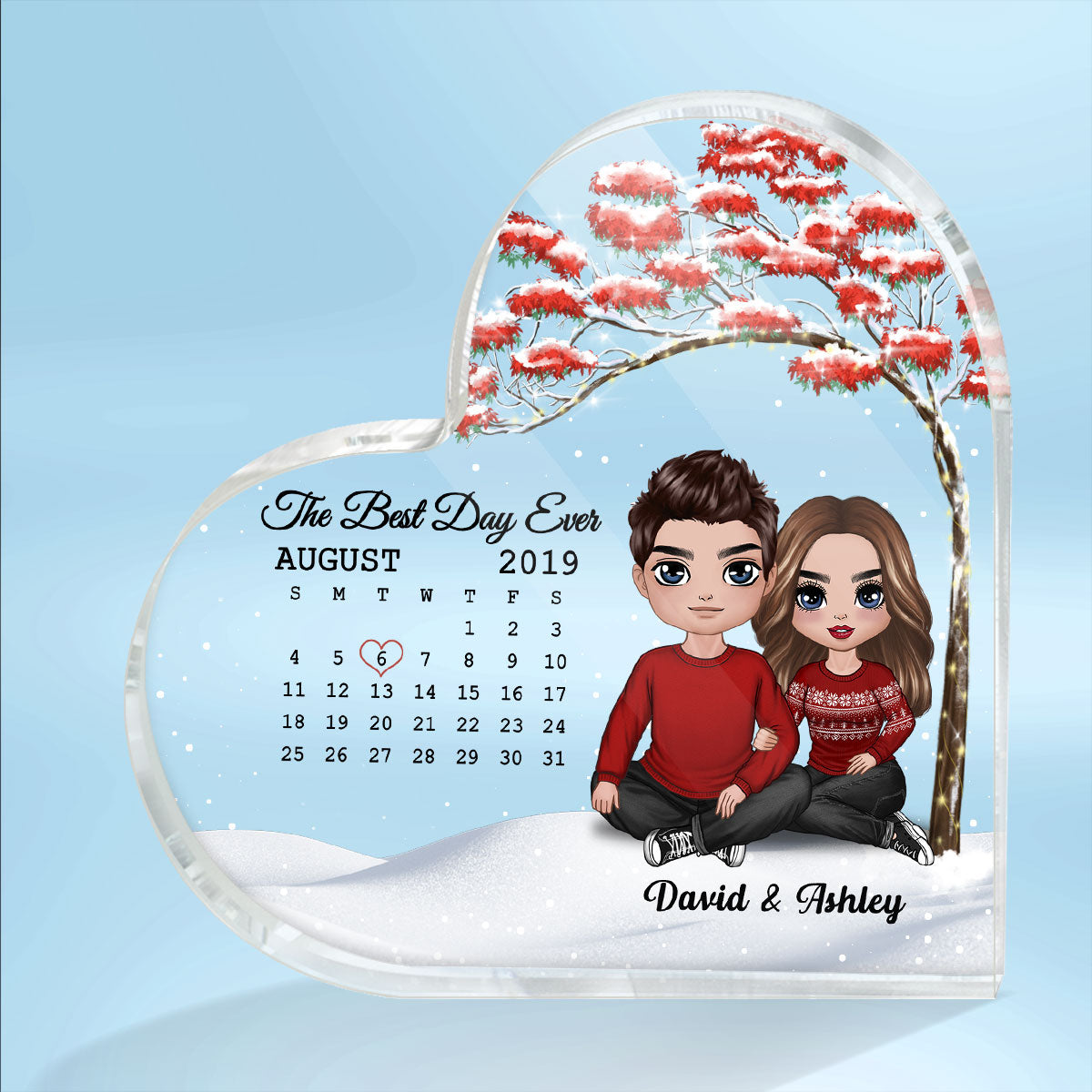 Embracing Doll Couple Sitting Under Red Tree Calendar Anniversary Date Personalized Heart Acrylic Plaque