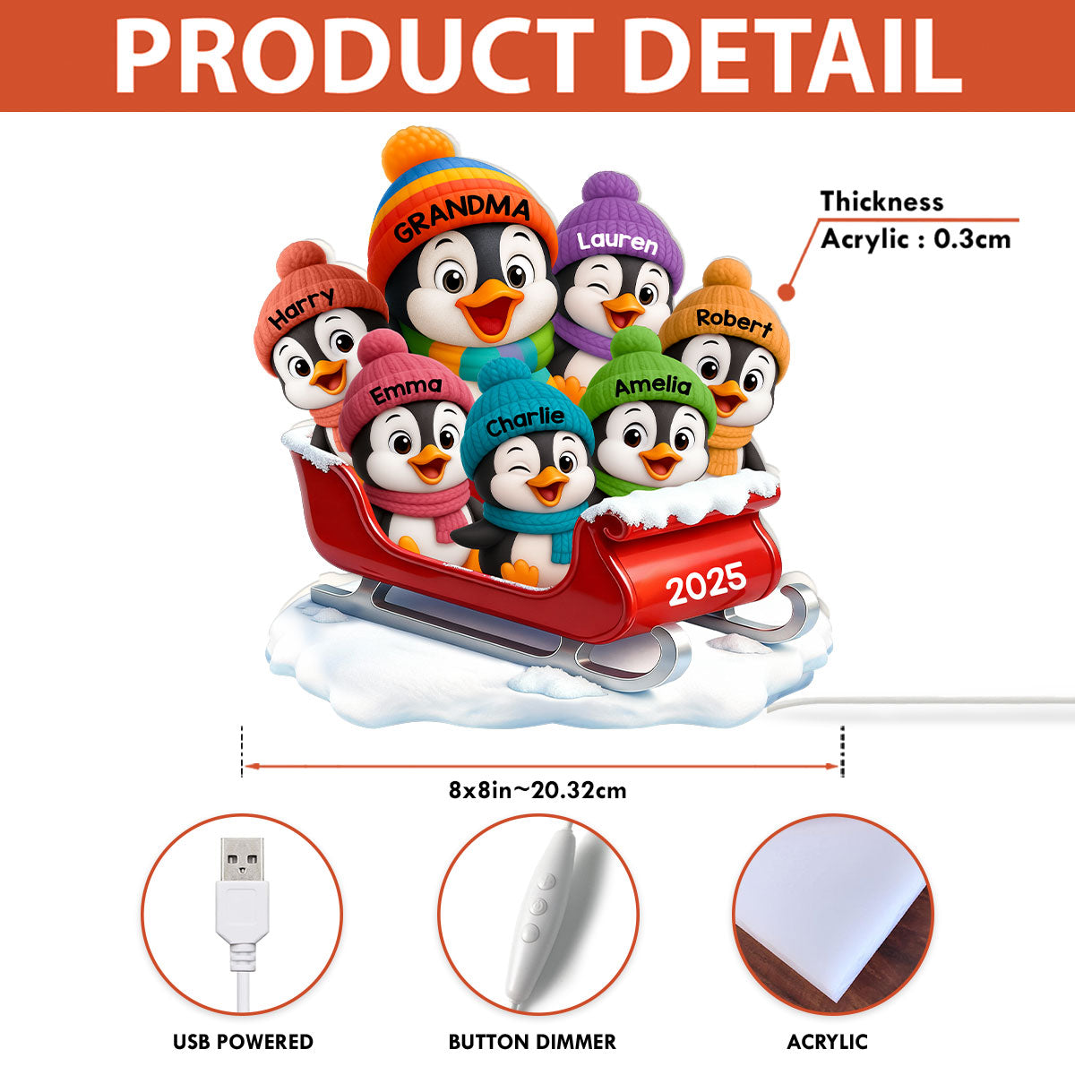 3D Effect Cute Grandma Grandkids Penguin On Sleigh - Personalized Light Box