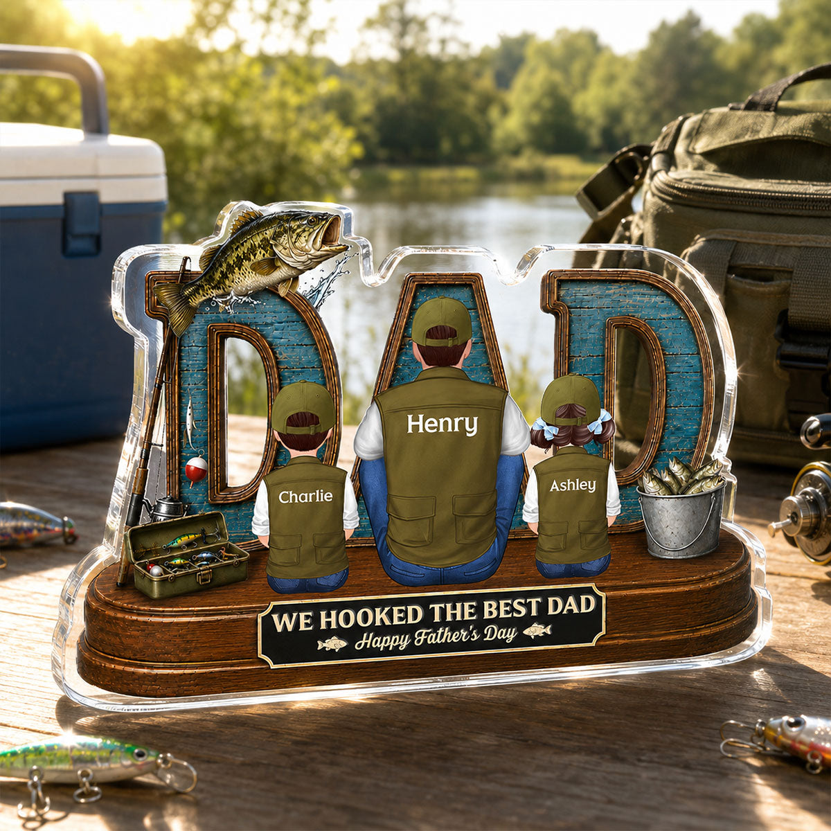 Fishing Dad And Kids We Hooked The Best Dad - Personalized Acrylic Block Plaque - Father's Day Gift For Dad, Husband