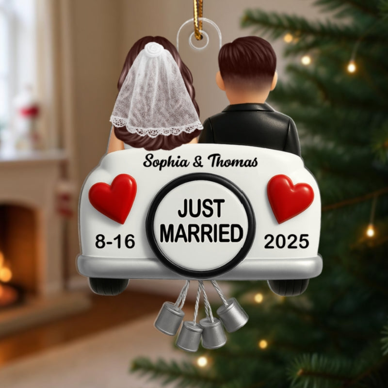 3D Effect Just Married Couple First Christmas Married Personalized Flat Acrylic Ornament, Gift For Newly Wedding Couple