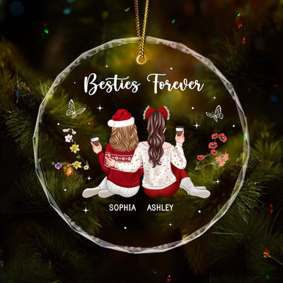 Besties Sisters Sitting Back View Zodiac Sign Birth Month Flowers Personalized Glass Ornament