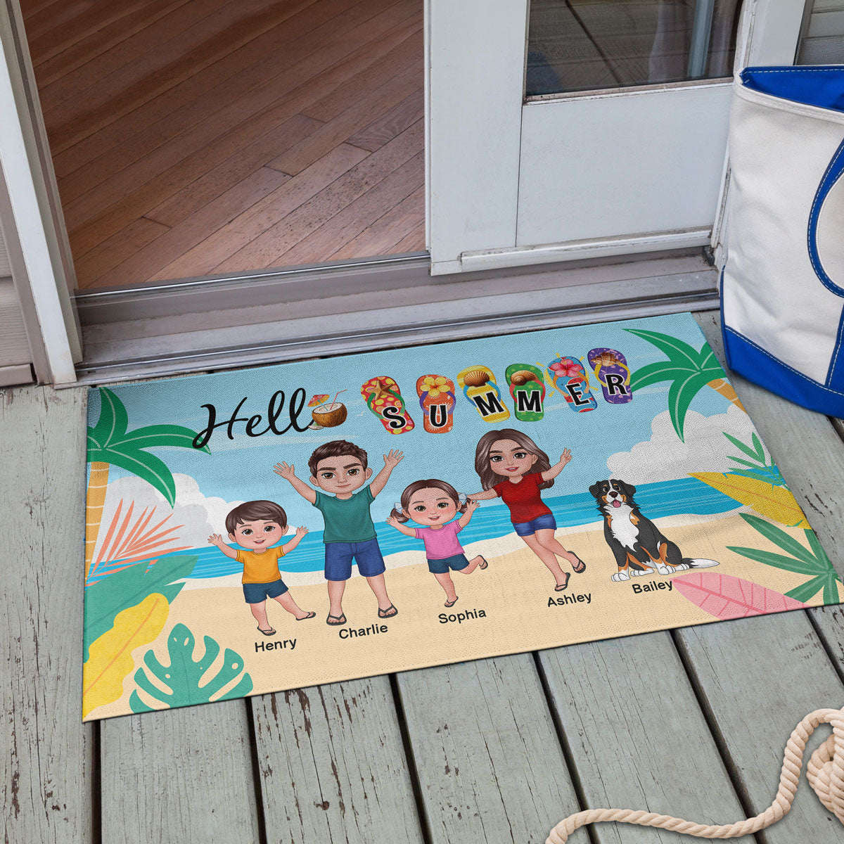 Hello Summer Beach Landscape Family Personalized Doormat, Summer Decoration