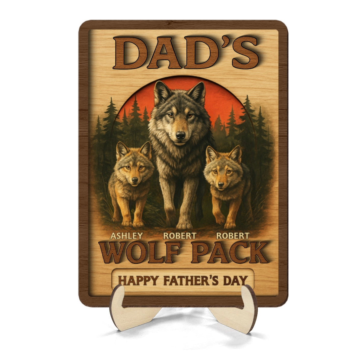 Dad's Wolf Pack Personalized 2-Layered Wooden Plaque, Father's Day Gift for Dad