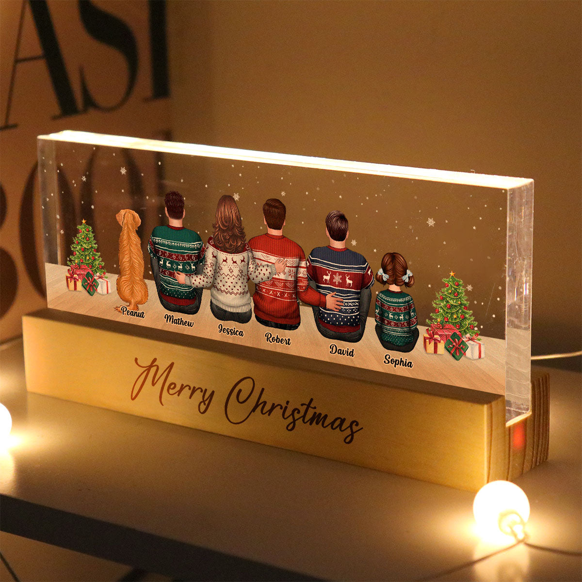 Merry Christmas Family Sitting Personalized Acrylic Block LED Night Light, Custom Family with Pets, Holidays Gift for Husband, Wife