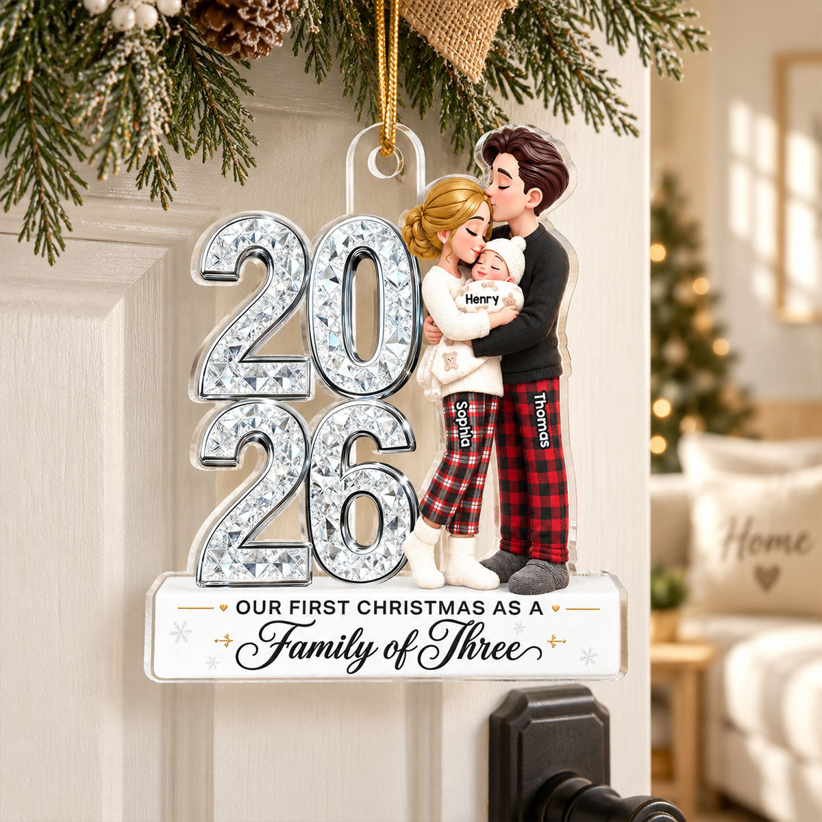 Our First Christmas As Family Of Three Custom Year 2D Flat Printed - Personalized Acrylic Ornament - Christmas Tree Keepsake For New Parents