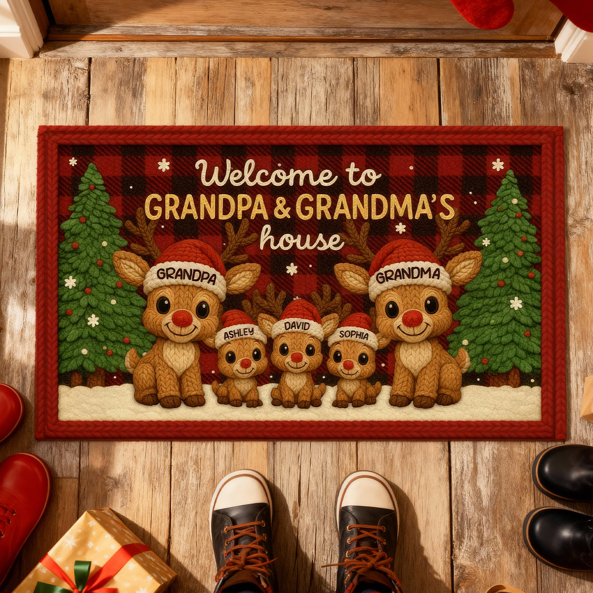 Grandma Grandpa Reindeers Crochet Faux Yarn Texture - Personalized Doormat - Christmas Decoration