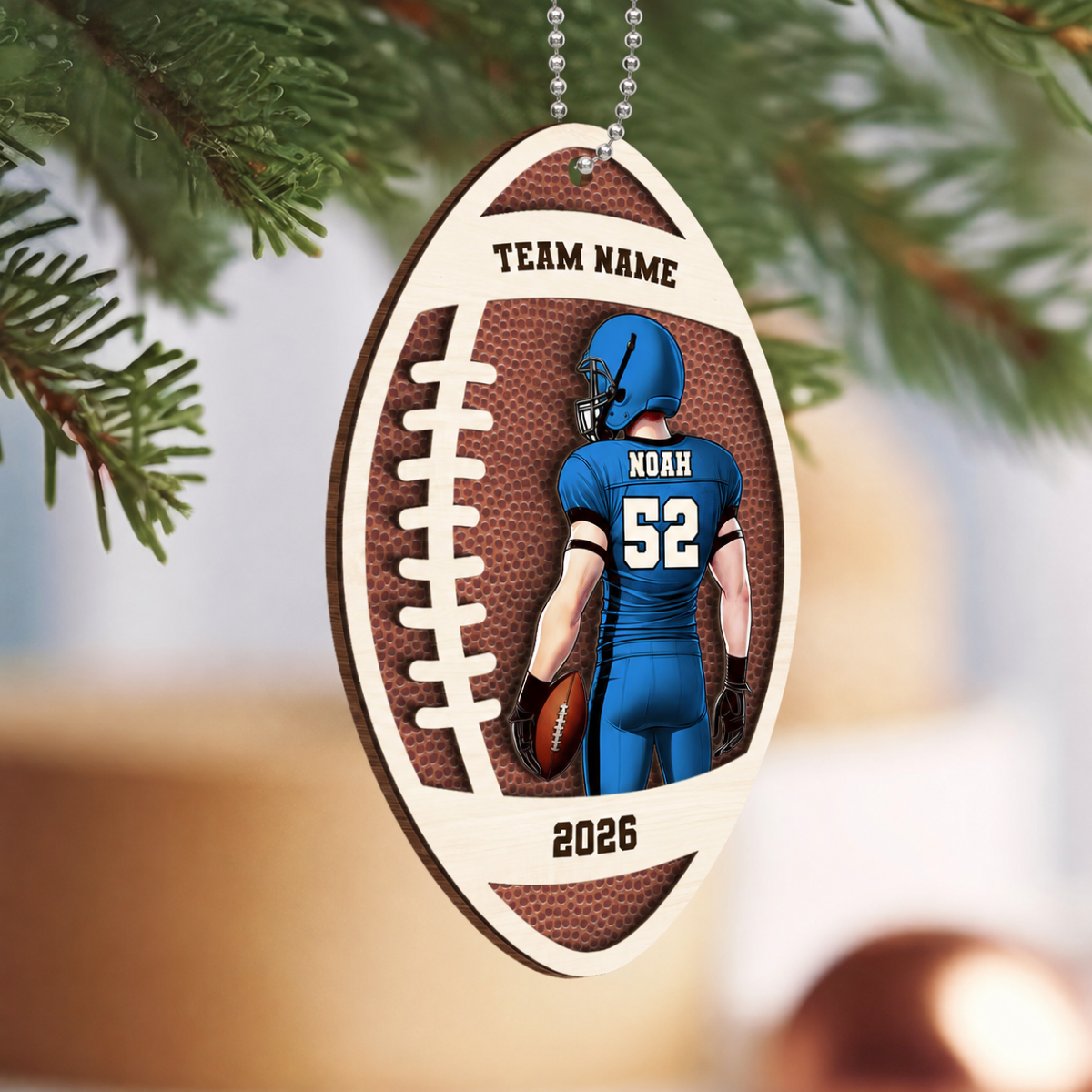 Personalized 3D Football Ornament, 2 Layered Wooden Sports Ornament with Name and Custom Text