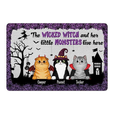 Wicked Witch And Monster Cats Live Here Halloween Spider Net Personalized Doormat