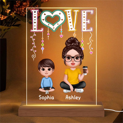 LOVE Realistic Doll Grandma Mom And Kids Sitting Personalized Rectangle Acrylic Plaque LED Night Light