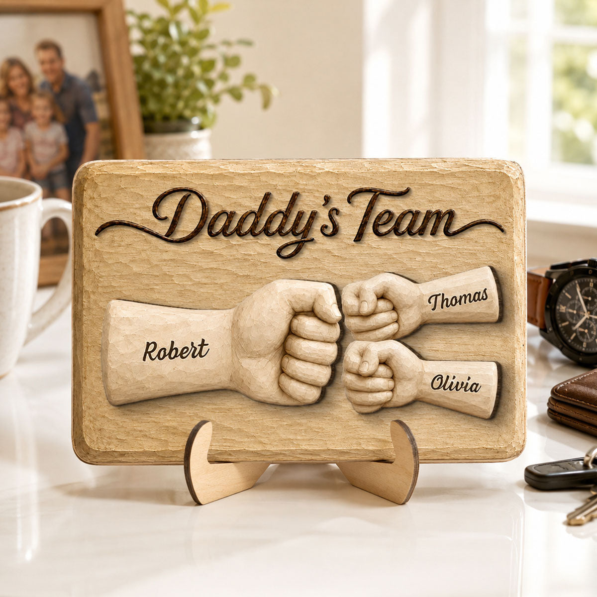 Sentimental Rustic Daddy's Team Fist Bump - Personalized 2-Layered Wooden Plaque - Father's Day Gift For Dad, Husband