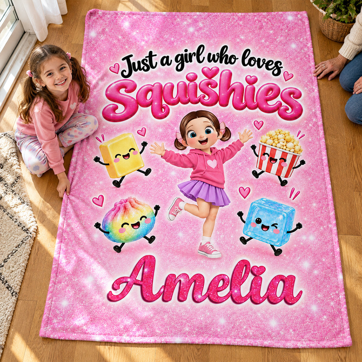 Cute Girl Loves Squishies - Personalized Fleece Blanket - Gift For Daughter, Granddaughter