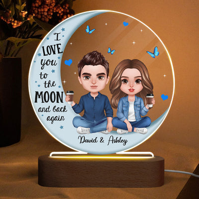 Doll Couple Sitting Realistic Blue Moon Personalized Circle Plaque LED Night Light
