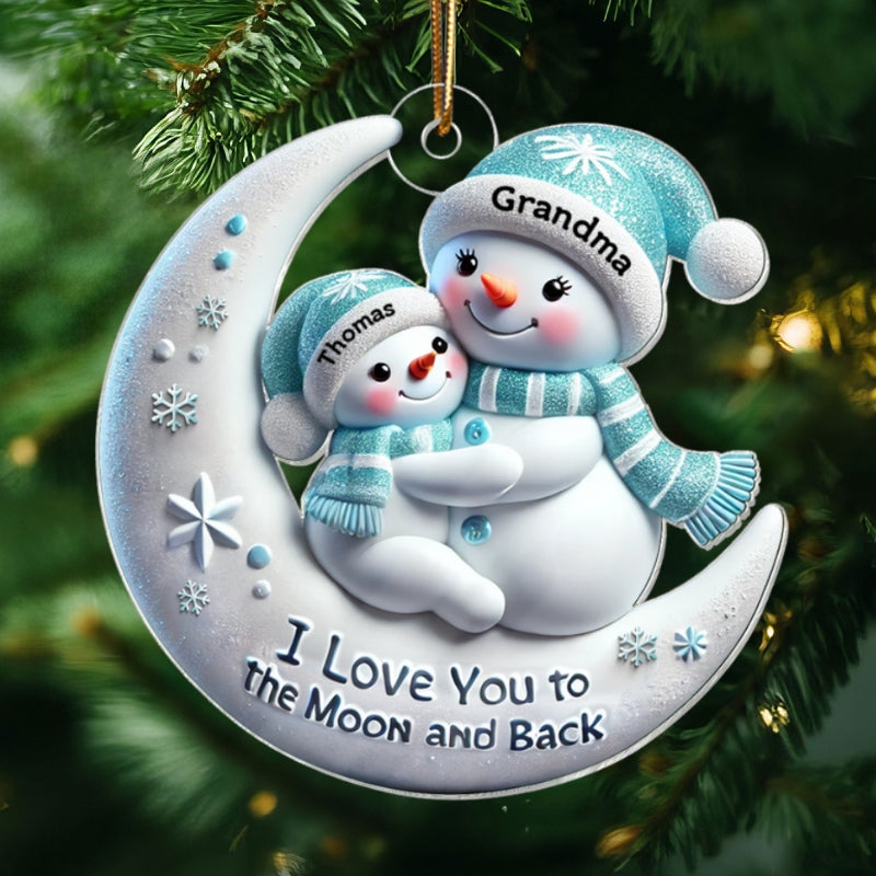 3D Effect Snowman Grandma & Hugging Grandkid On The Moon - Personalized Acrylic Ornament - Gift For Granddaughter, Grandson