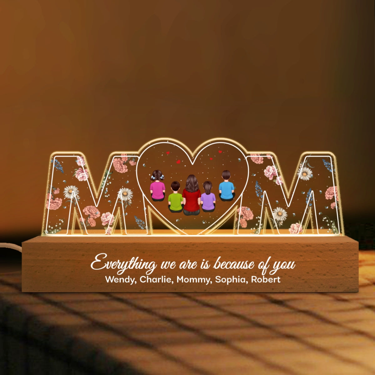 Mom Everything I Am Is Because Of You - Personalized Acrylic Block Plaque LED Night Light - Gift for Mom, Gift for Grandma, Gift for Wife