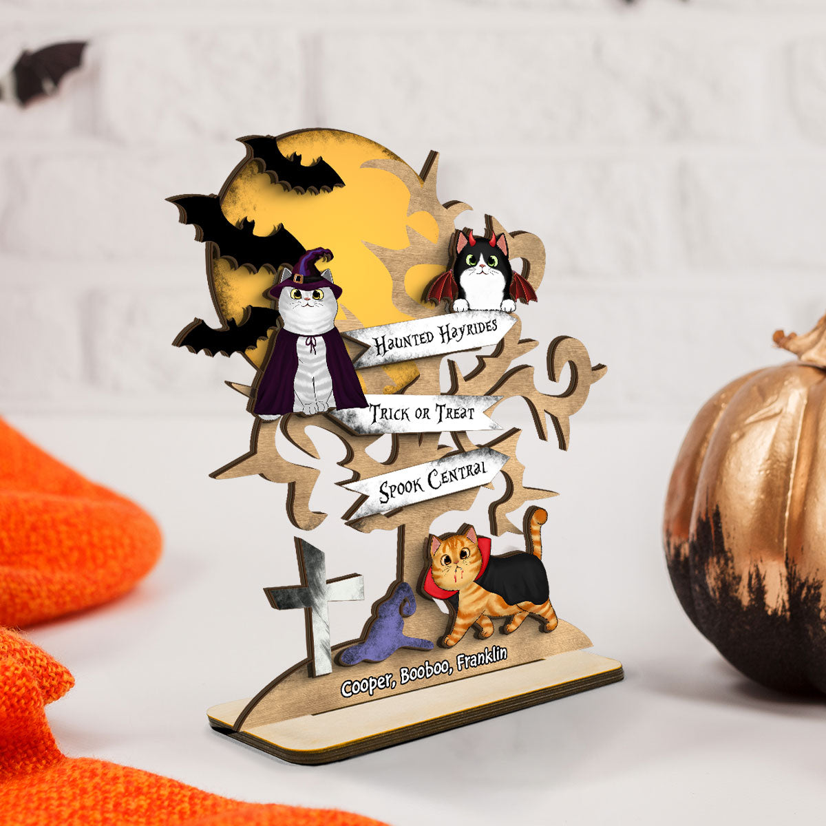 Halloween Cat Spooky Tree Personalized Wooden Standing Plaque, Halloween Decor For Cat Lovers