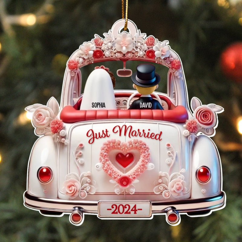 First Christmas Married Couple In Wedding Car Personalized Acrylic Ornament, Unique Christmas Gift For Newlyweds