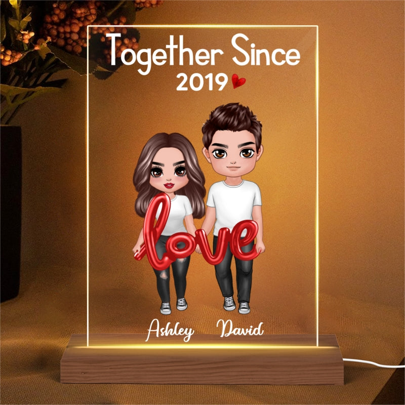 Doll Couple Love Balloon Personalized Rectangle Acrylic Plaque LED Lamp Night - Gift For Him For HerLight