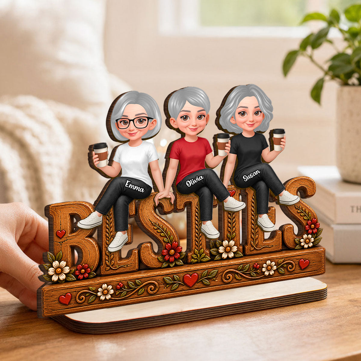 Floral Besties Forever Friends Forever - Personalized 2-Layered Wooden Plaque - Birthday Gift, Gift For Best Friends