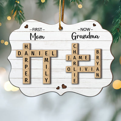 First Mom Now Grandma Crossword Puzzle Art Personalized 2-Layer Wooden Ornament, Christmas Gift For Grandma, Gift For Mom