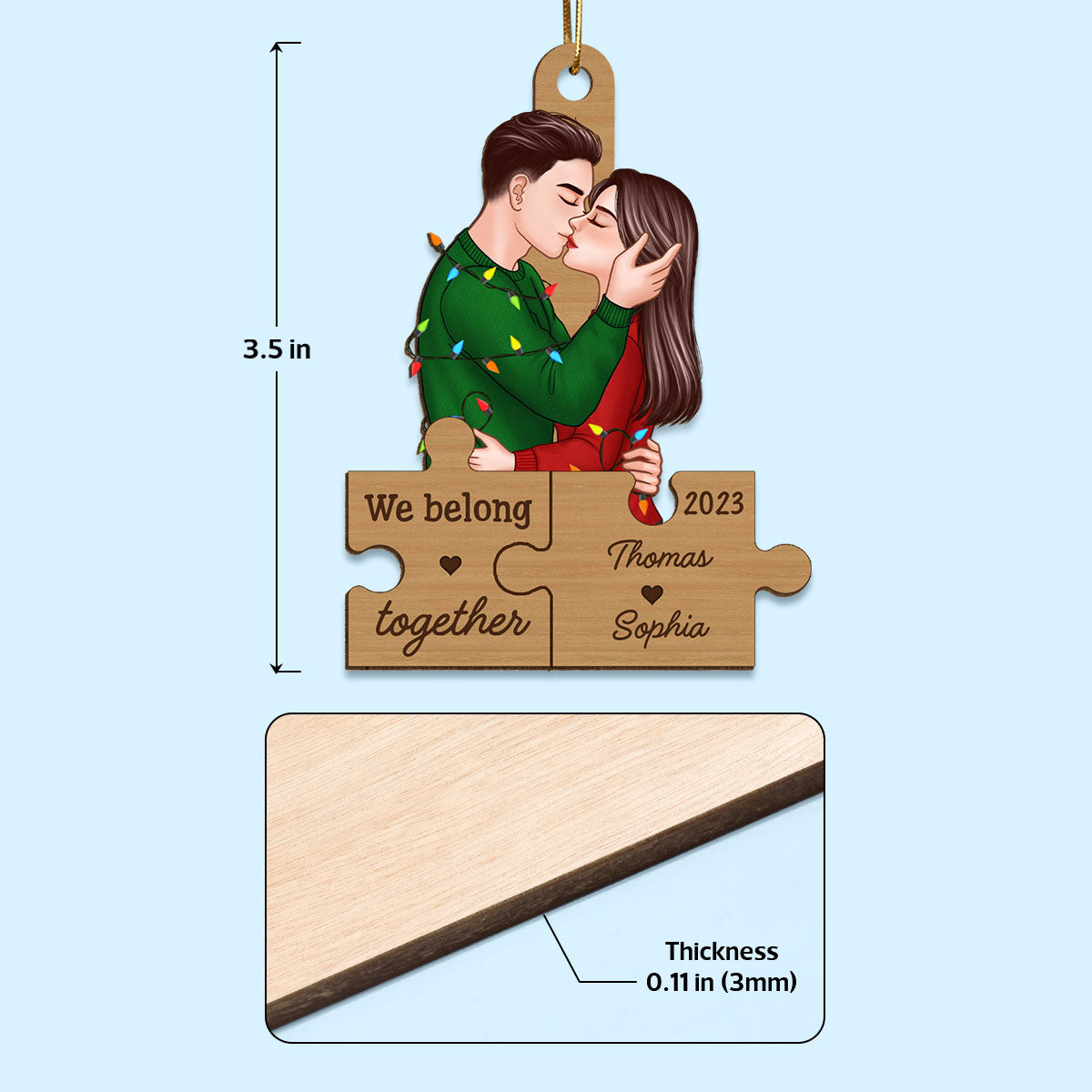 We Belong Together Romantic Couple Kissing Puzzle Pieces Personalized Wooden Ornament