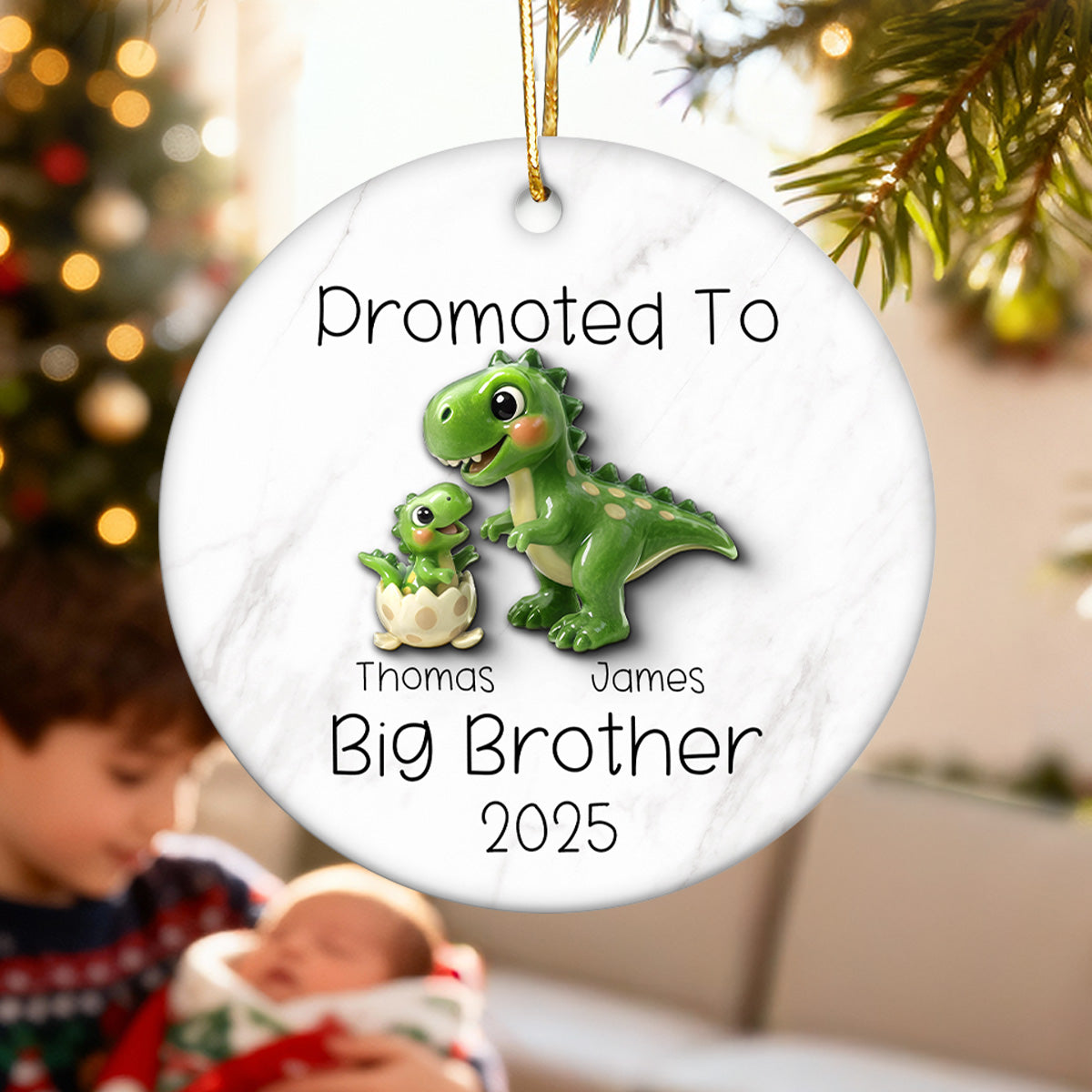 Promoted To Big Brother Big Sister 3D Effect Cute Dinosaurs - Personalized Ceramic Ornament - Proud New Big Sibling Gift