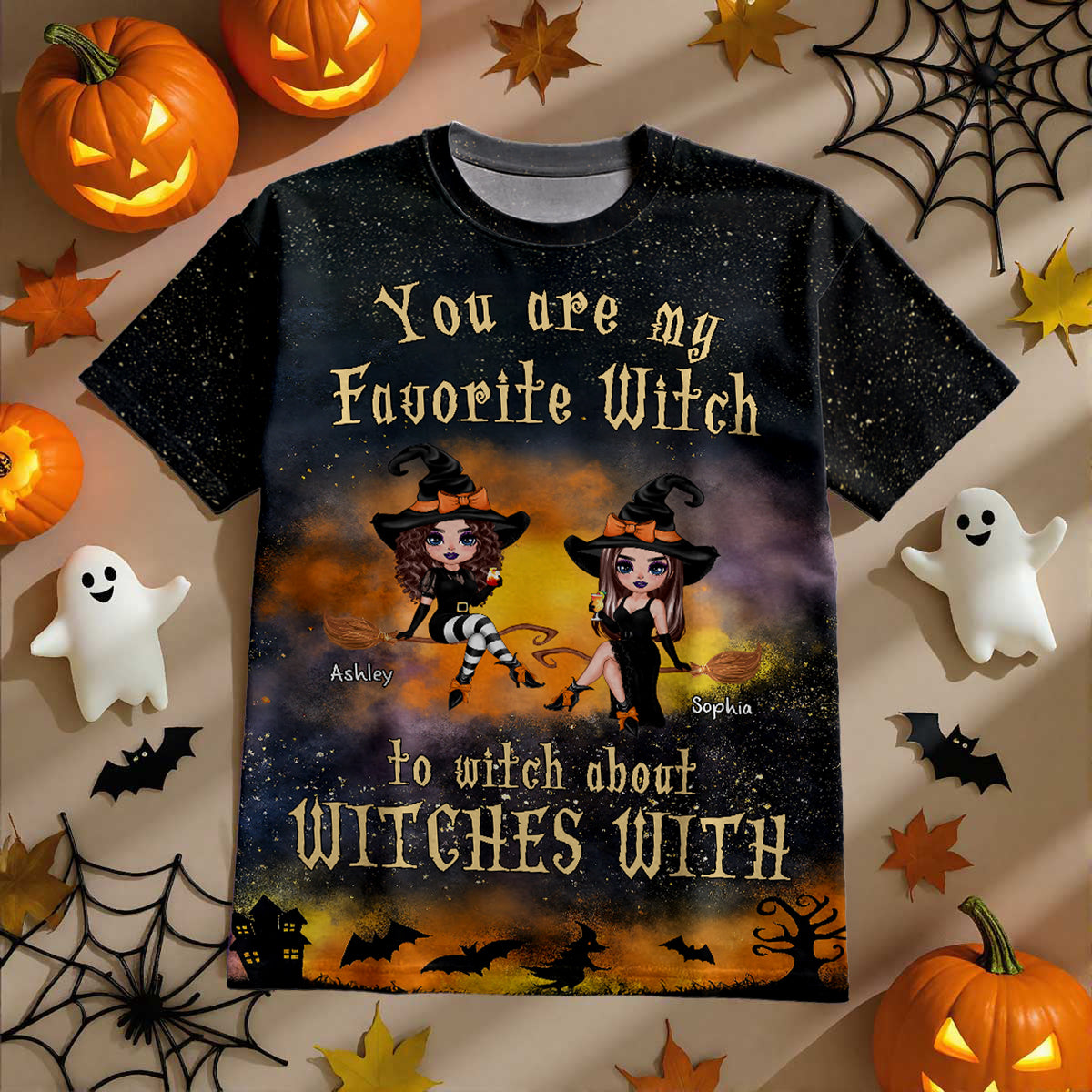 Pretty Witch Besties Witchy Ombre Tie-Dye Pattern Personalized Shirt, Perfect Halloween Matching Costume for Besties