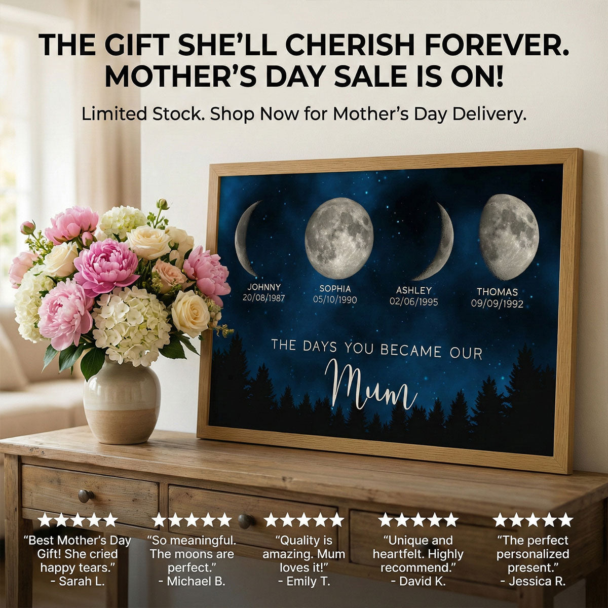 Galaxy Night The Day You Become Mum Grandma Custom Birth Moon Phase - Personalised Poster, Mother's Day Gift For Mum, Grandma